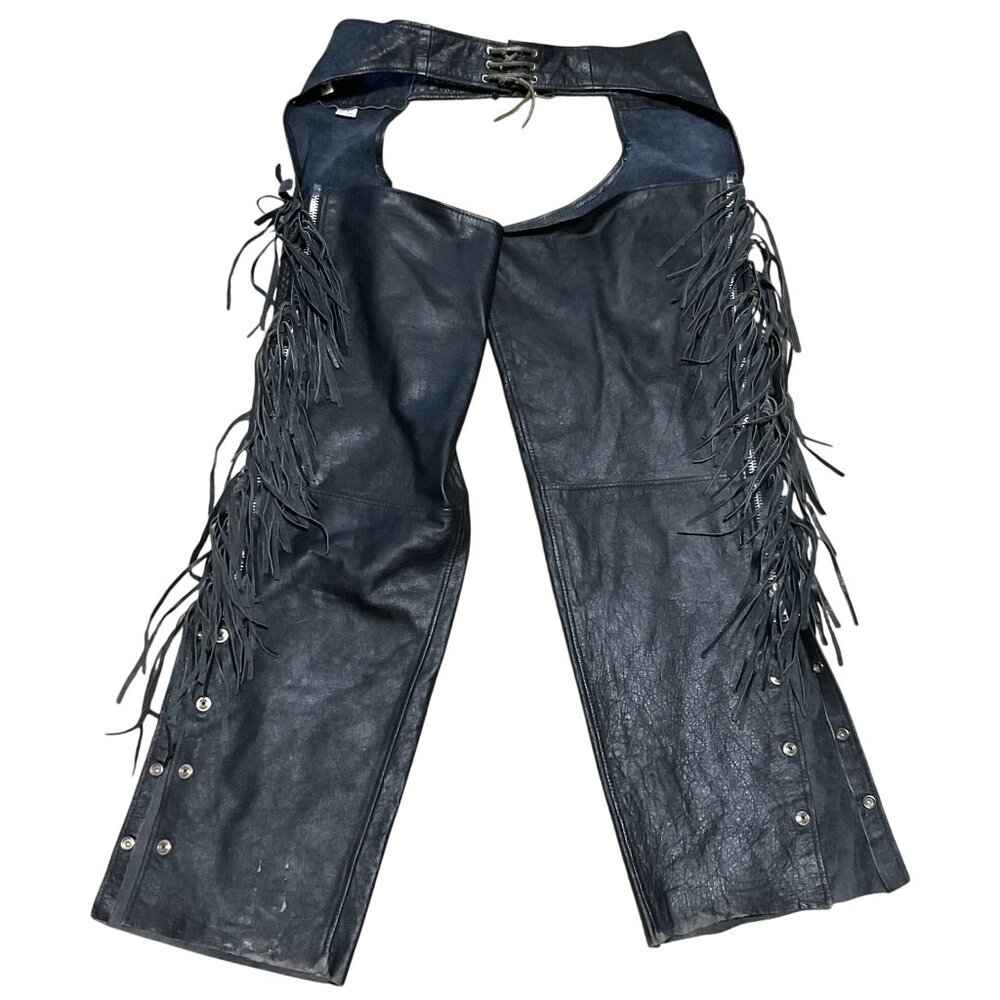 Black Fringe Leather Motorcycle Chaps Sz 3XL Adjustable Waist Unisex Distressed